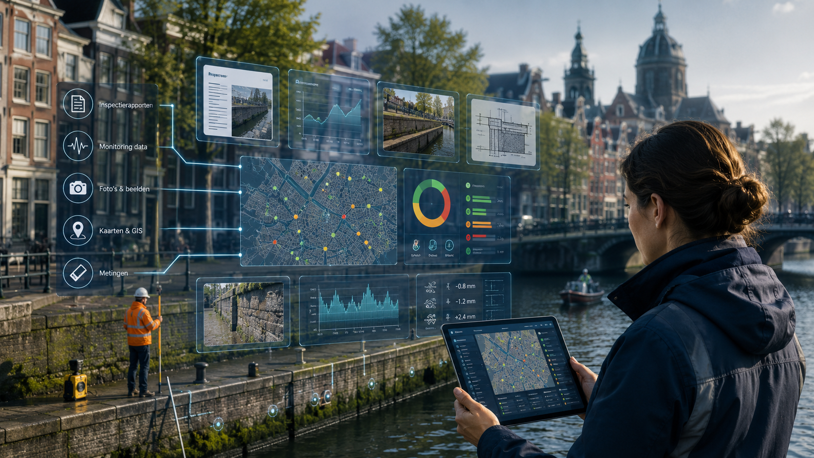 Vrouw staat bij kademuren grachten gemeente Amsterdam met tablet in haar hand.