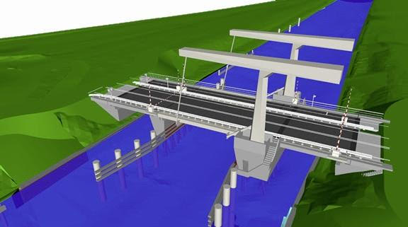 schematische tekening van een ophaalbrug over een waterloop